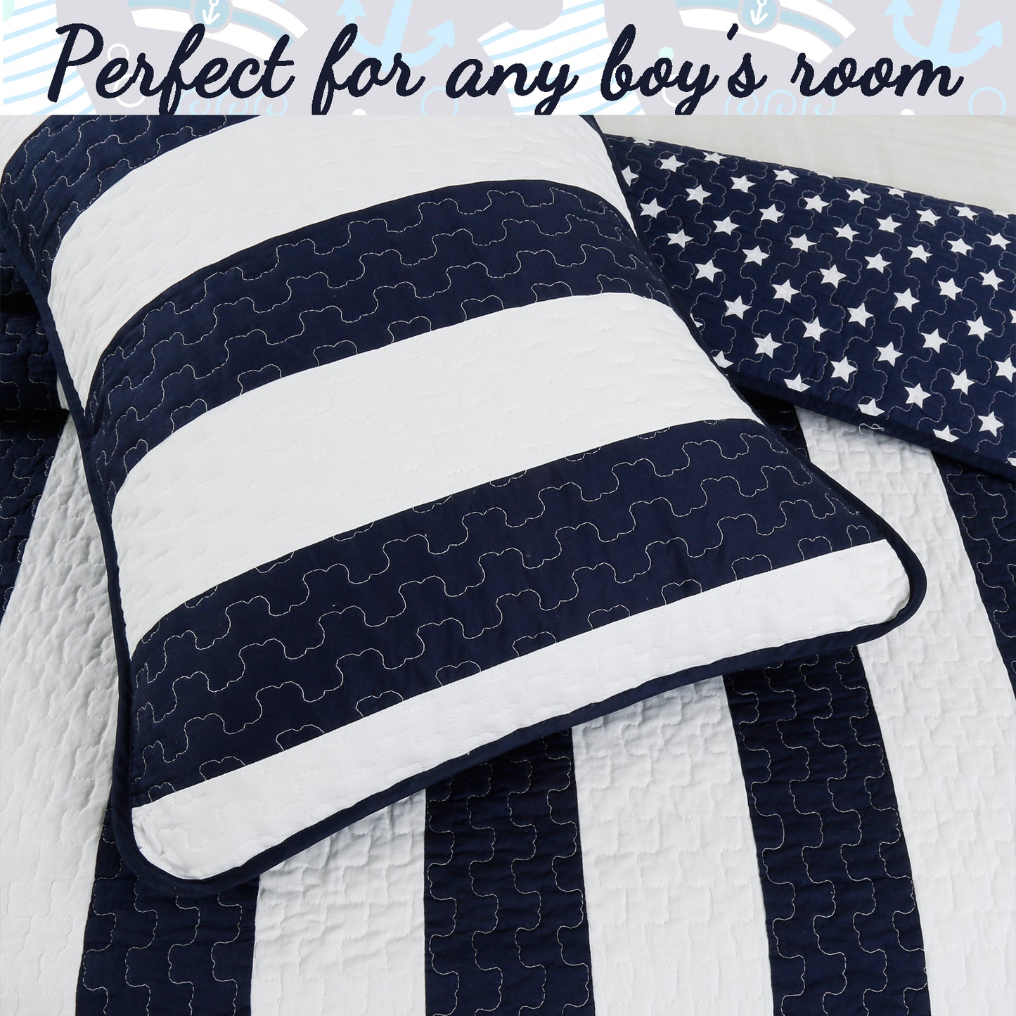 Ameristar Sailor Blue & White Striped Cotton Reversible Quilt Bedding Set