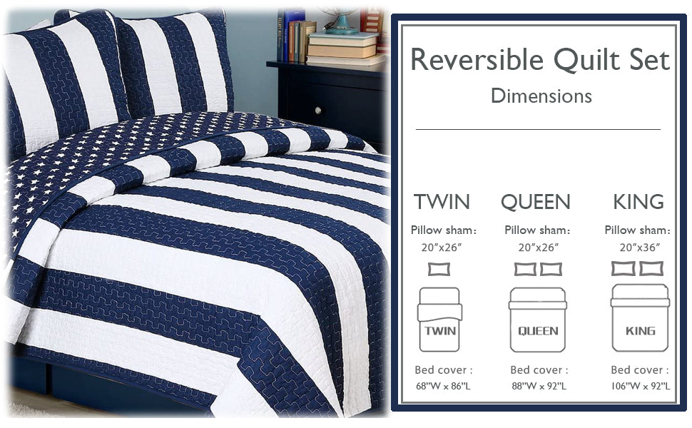 Ameristar Sailor Blue & White Striped Cotton Reversible Quilt Bedding Set