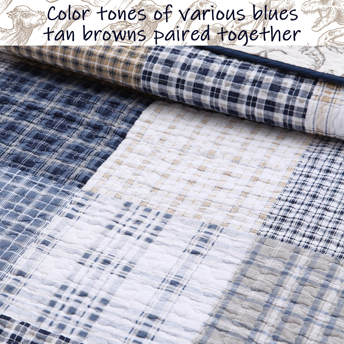 Benjamin Dinosaur Blue Brown Plaid Print Patchwork Cotton Reversible Quilt Bedding Set