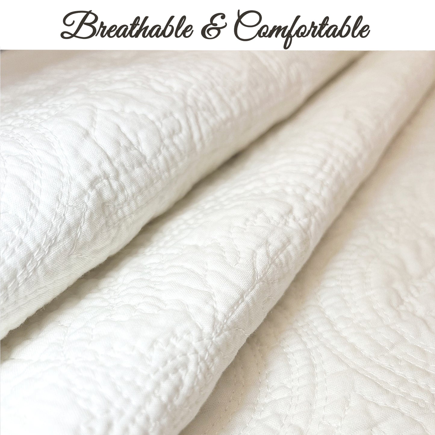 Serenity Ivory Victorian Scalloped Medallion Floral Pure Solid Cotton Reversible Quilt Bedding Set