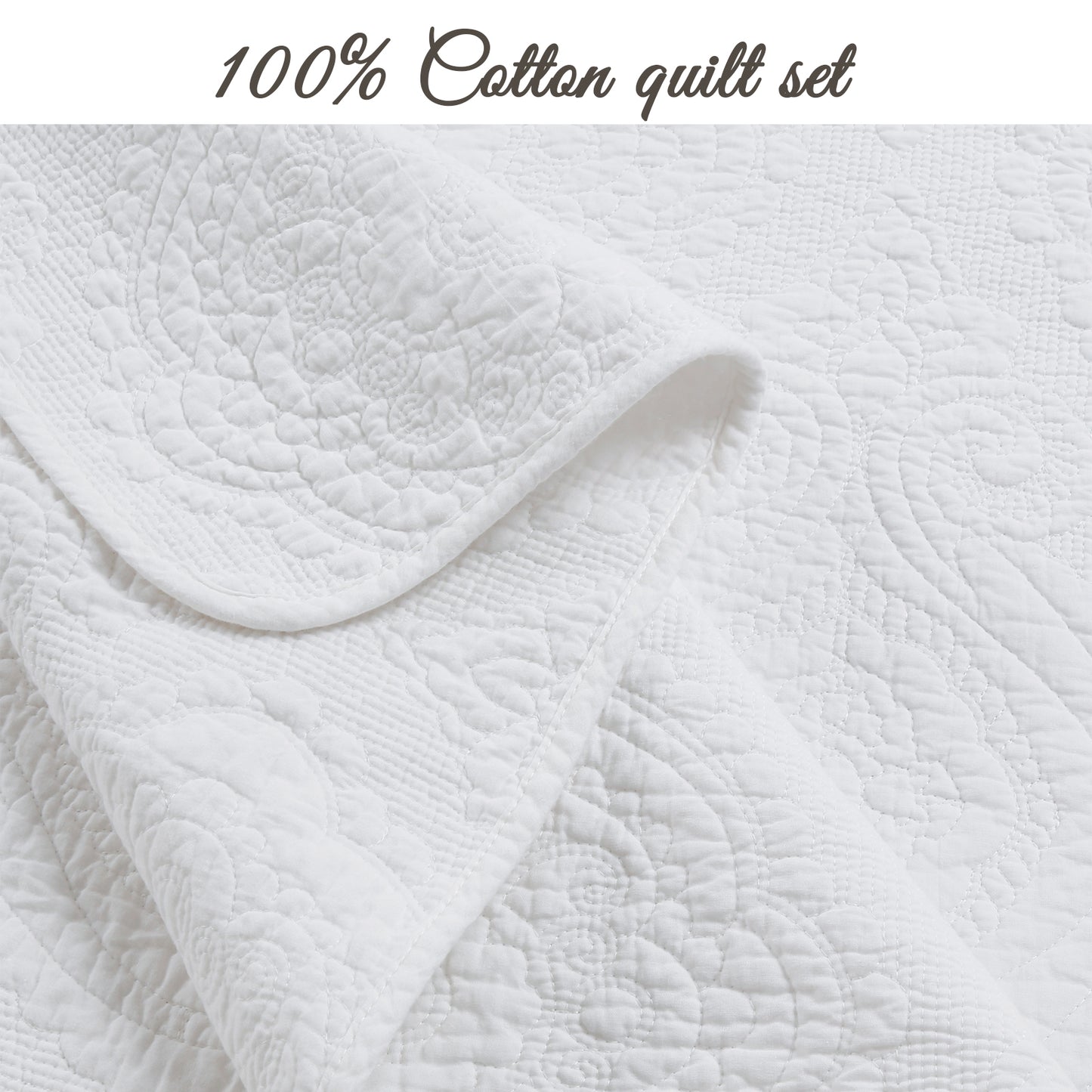 Solid White Chic Brocade Matelassé Medallion Floral Cotton Reversible Quilt Bedding Set