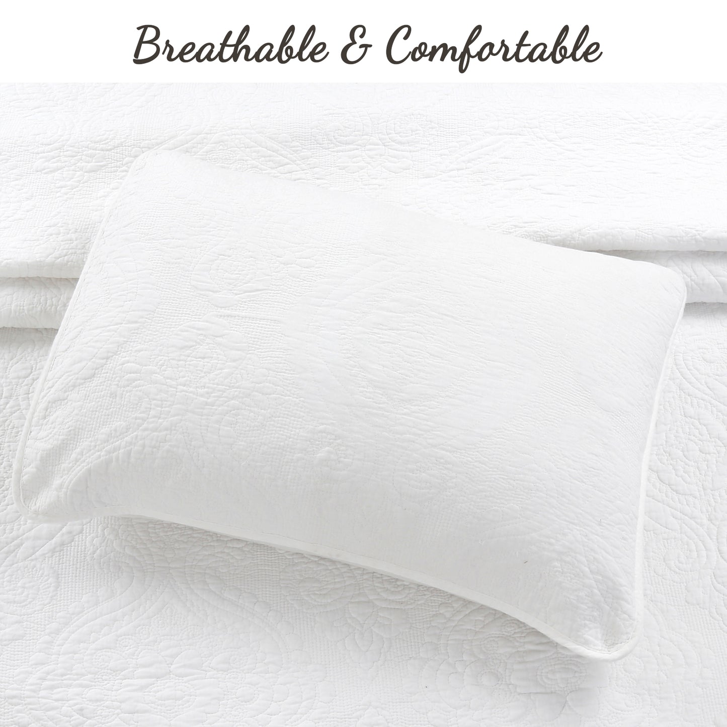 Solid White Chic Brocade Matelassé Medallion Floral Cotton Reversible Quilt Bedding Set