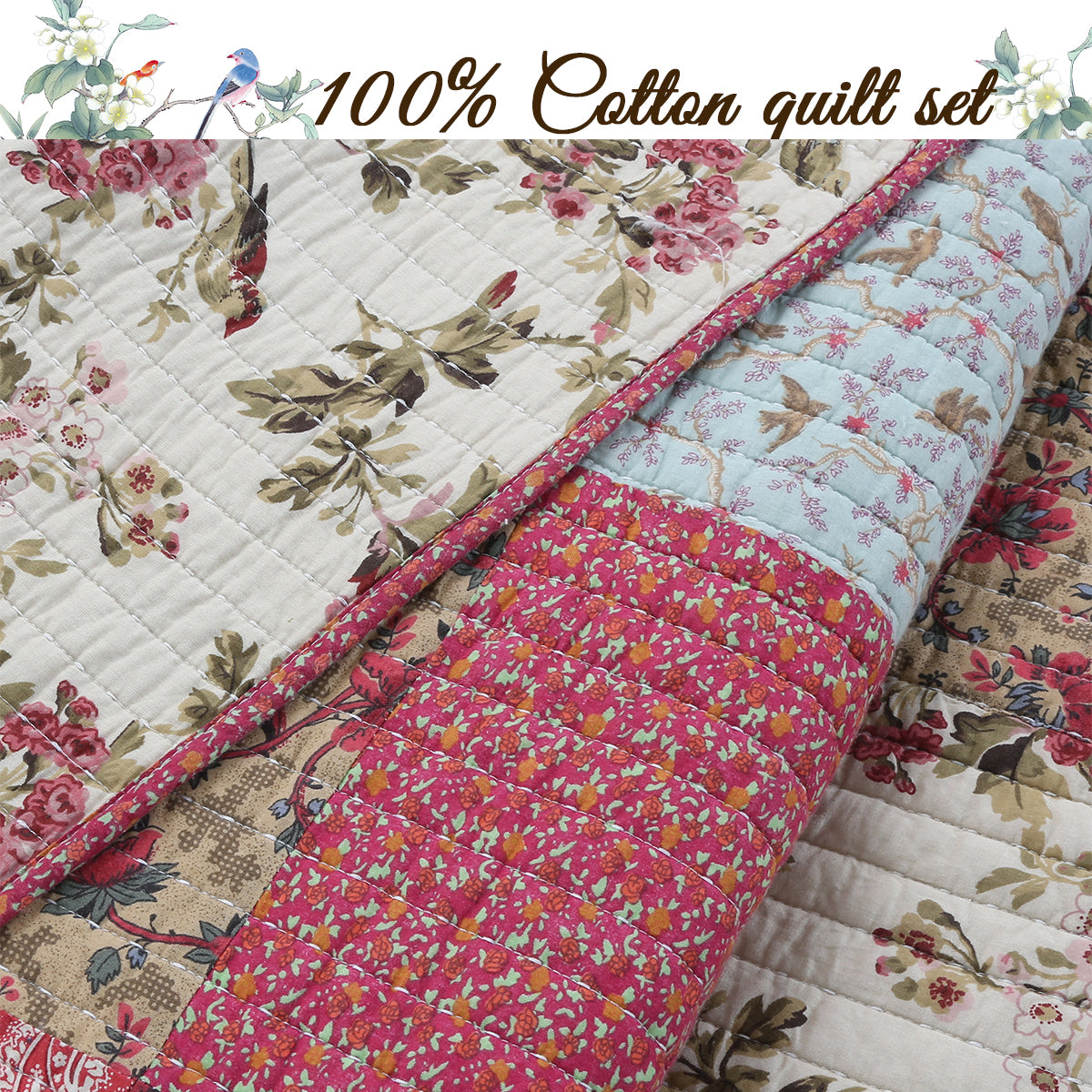 Adeline Floral 3-Peice Real Patchwork Cotton Reversible Quilt Bedding Set