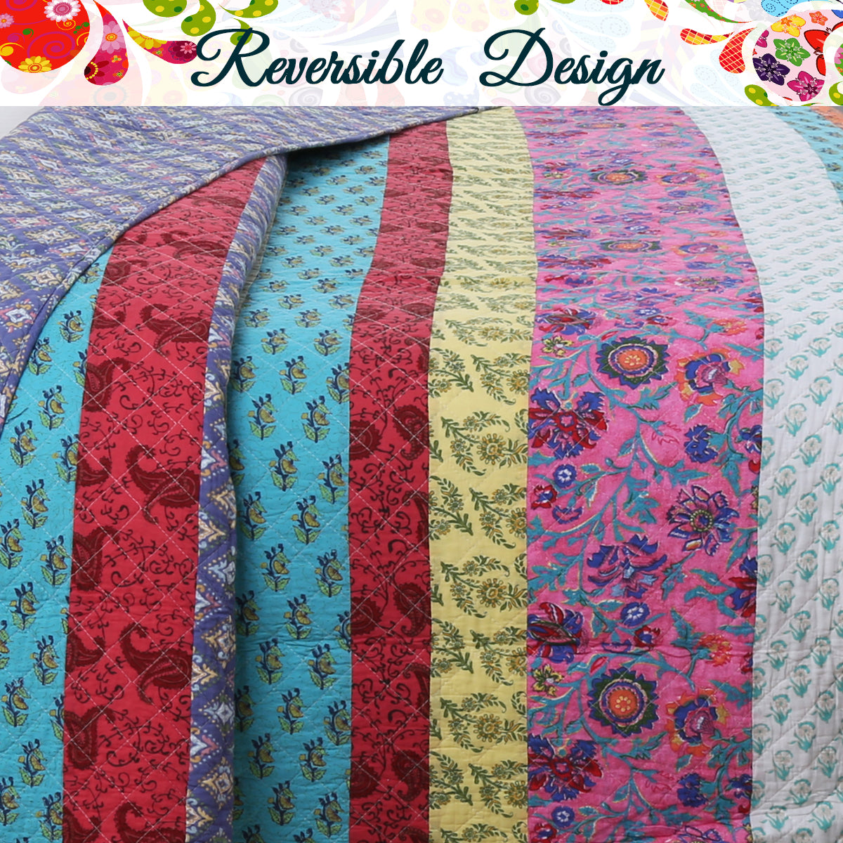 Vibrant Stripe Real Patchwork 3-Piece Cotton Reversible Quilt Bedding Set