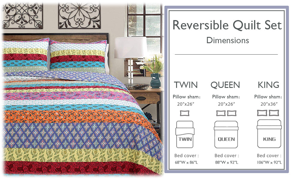 Vibrant Stripe Real Patchwork 3-Piece Cotton Reversible Quilt Bedding Set