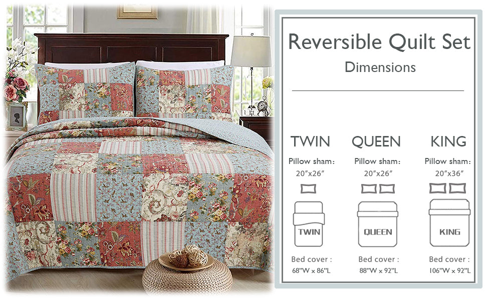 Eleanor Real Patchwork Floral Stripe 3-Piece Cotton Reversible Quilt Bedding Set