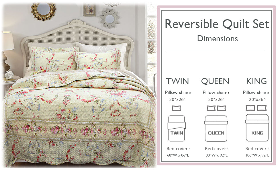 Rose Romance Floral Cotton Reversible Quilt Bedding Set