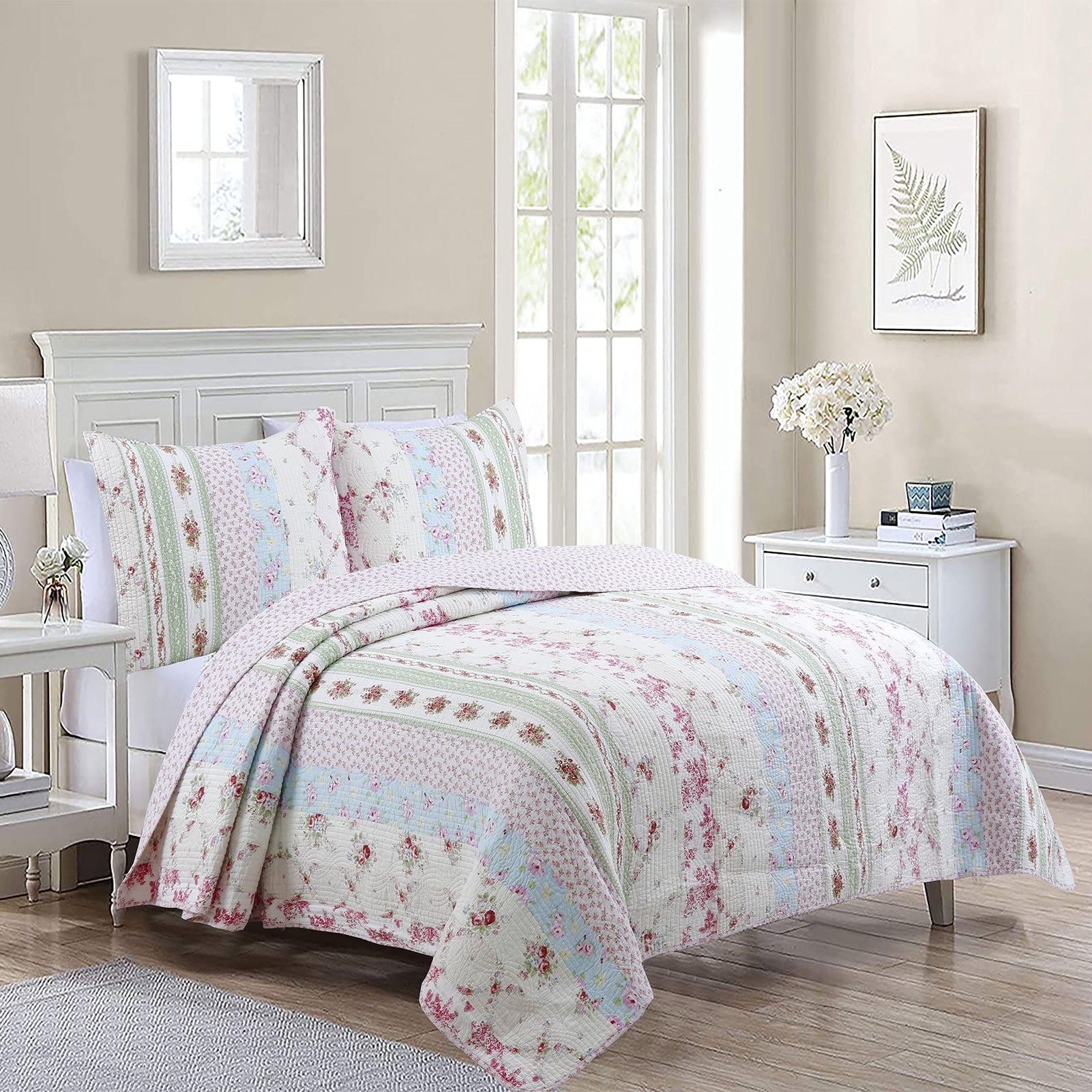 Wild Rose Enchantment Floral Bloom Garden Stripe Real Patchwork Revers –  Cozy Line Home Fashions