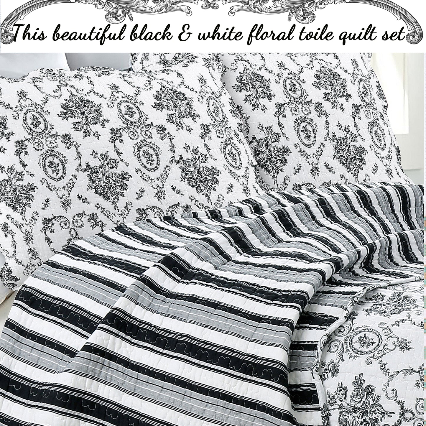 French Medallion Black Scalloped Edge Cotton 3-piece Reversible Quilt Bedding Set