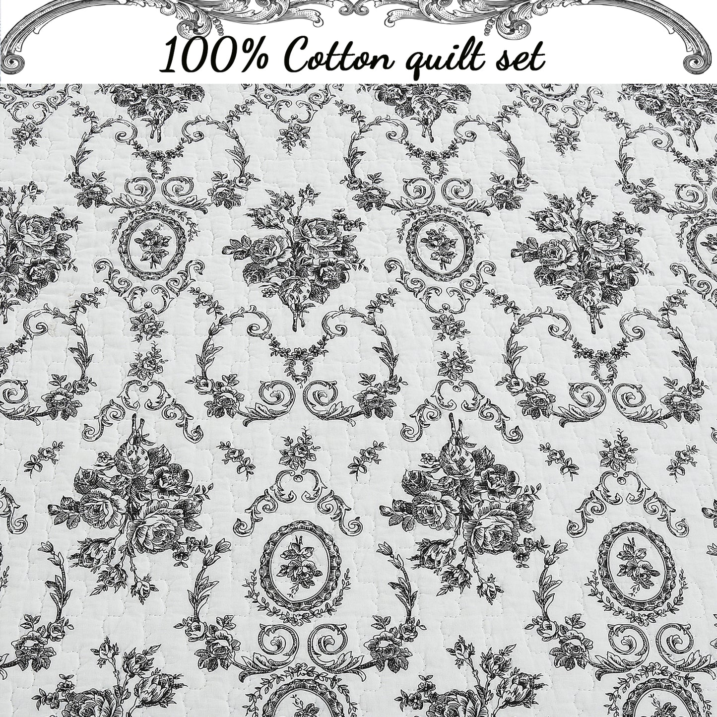 French Medallion Black Scalloped Edge Cotton 3-piece Reversible Quilt Bedding Set