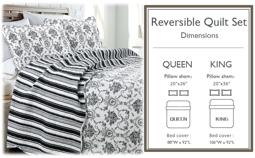 French Medallion Black Scalloped Edge Cotton 3-piece Reversible Quilt Bedding Set