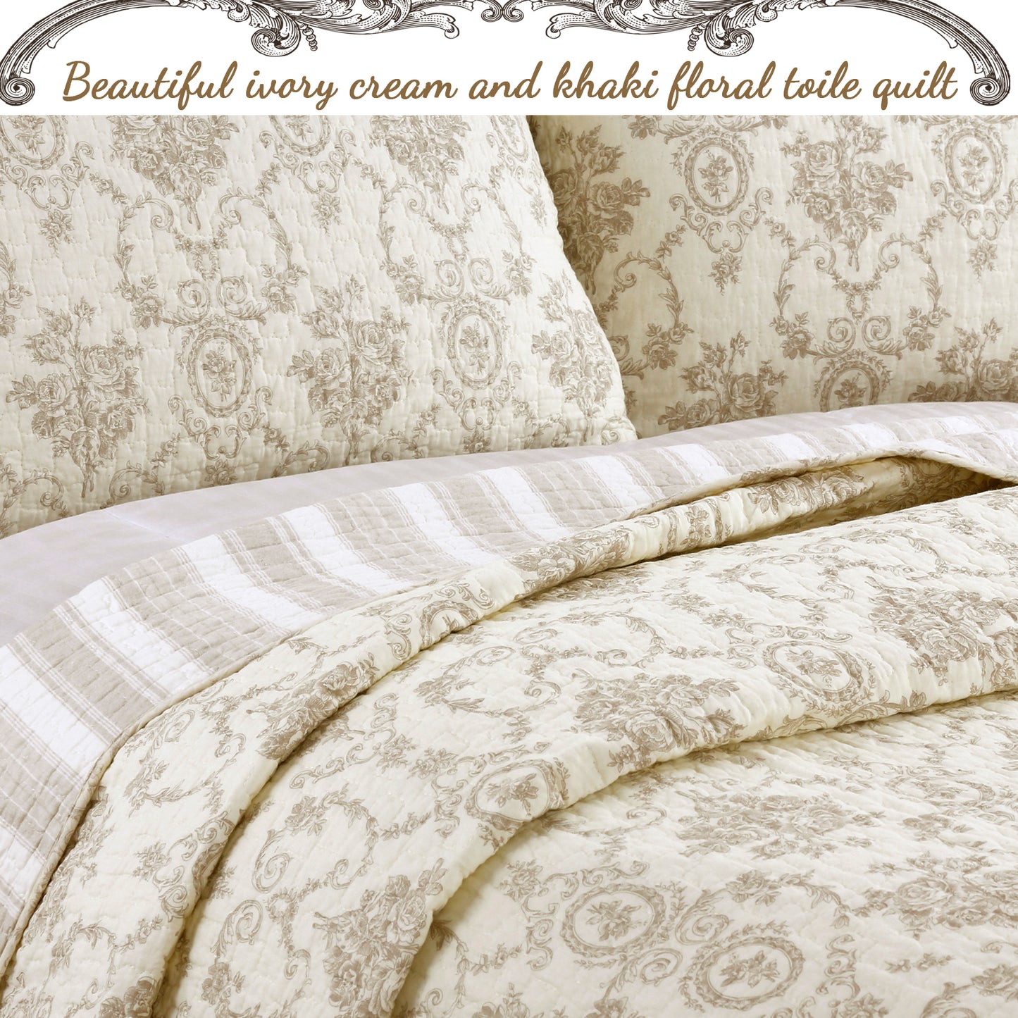 French Medallion Ivory Scalloped Edge Cotton 3-piece Reversible Quilt Bedding Set