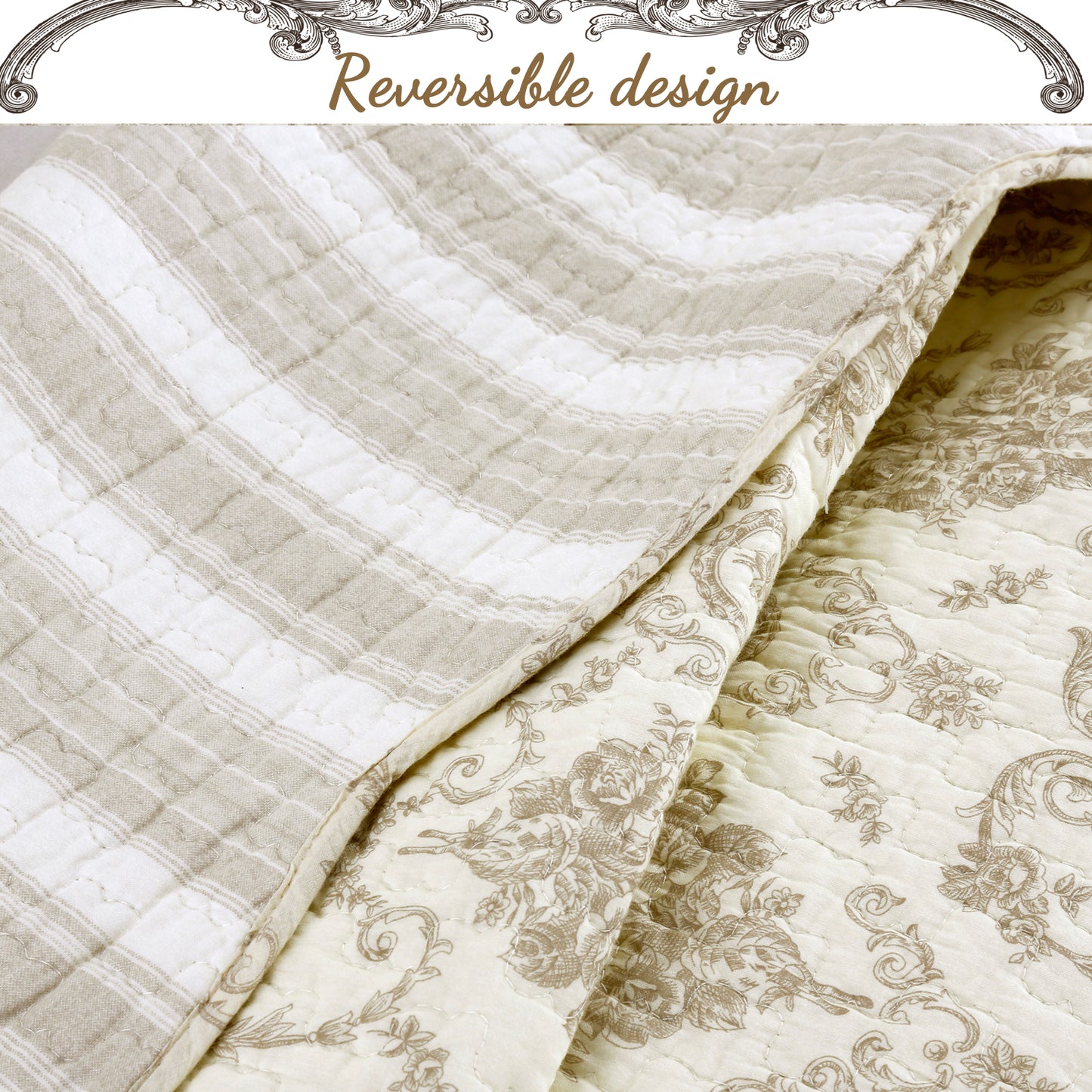 French Medallion Ivory Scalloped Edge Cotton 3-piece Reversible Quilt Bedding Set