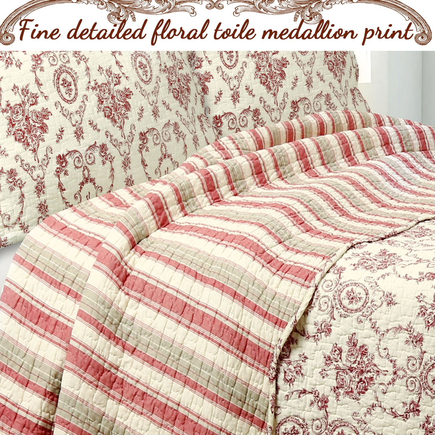 French Medallion Red Scalloped Edge Cotton 3-piece Reversible Quilt Bedding Set