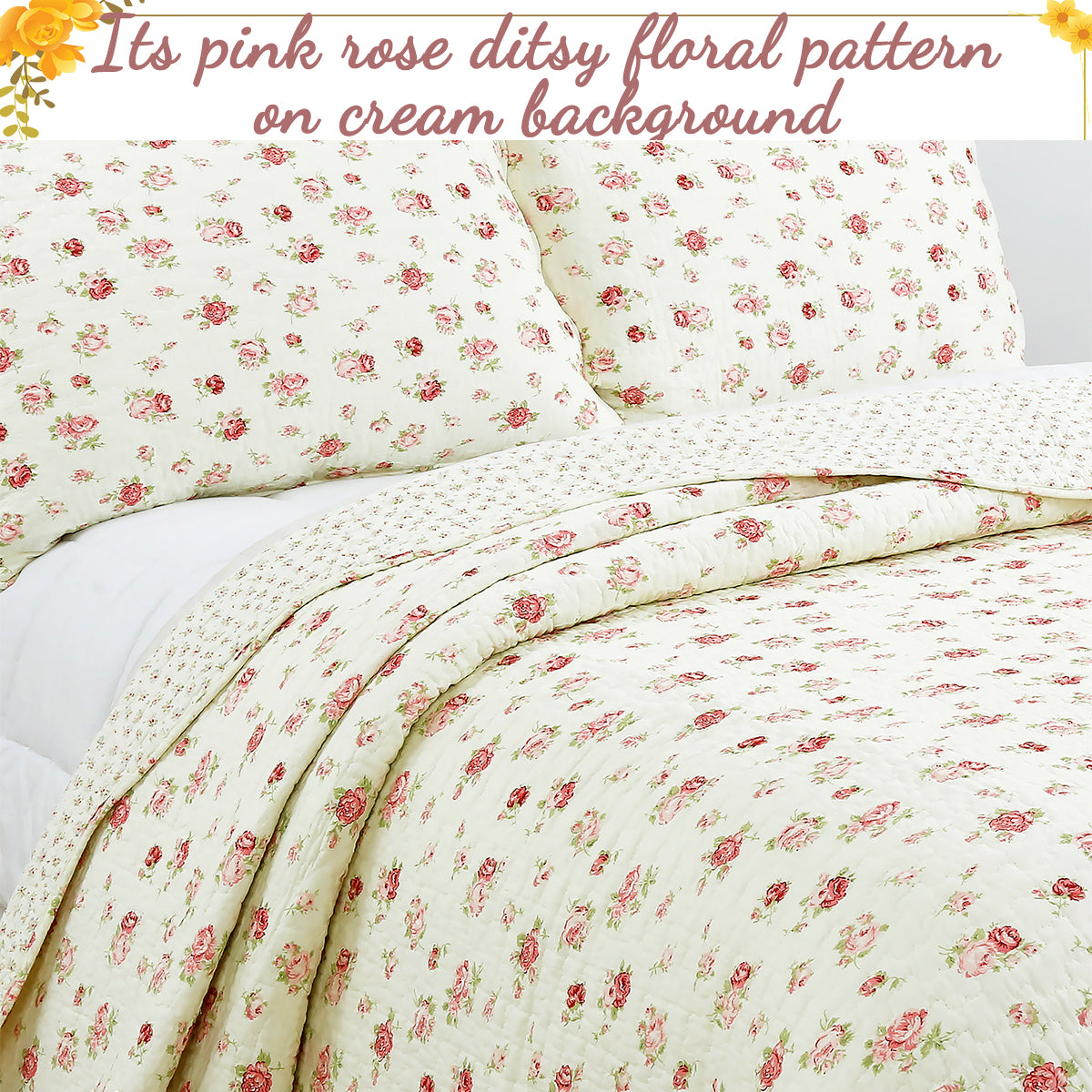 Pink Rose Garden Floral Cotton 3-piece Reversible Quilt Bedding Set