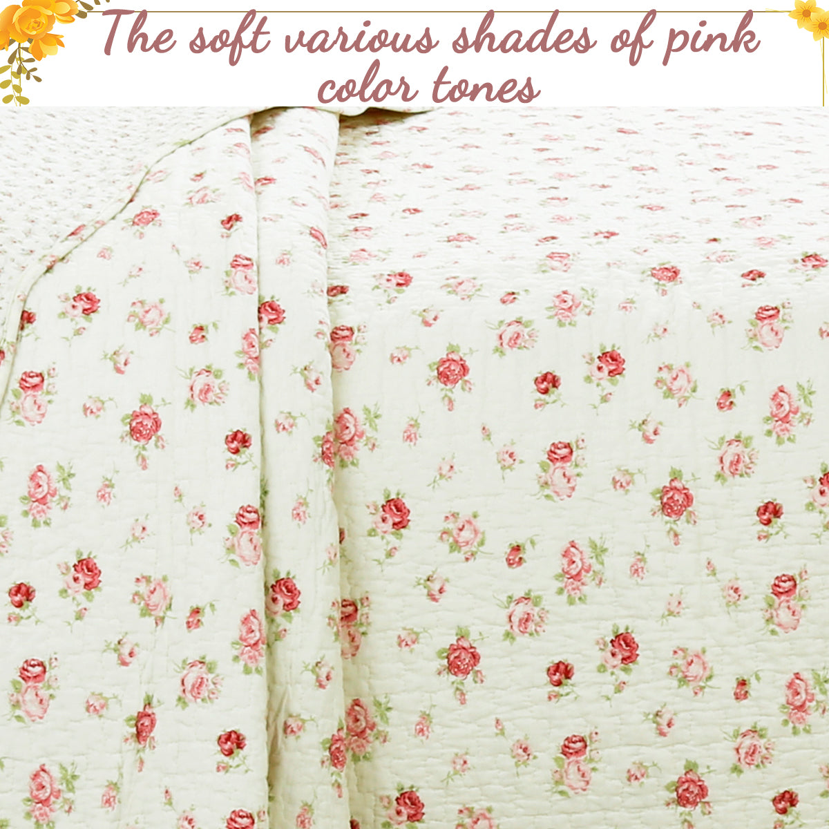 Pink Rose Garden Floral Cotton 3-piece Reversible Quilt Bedding Set