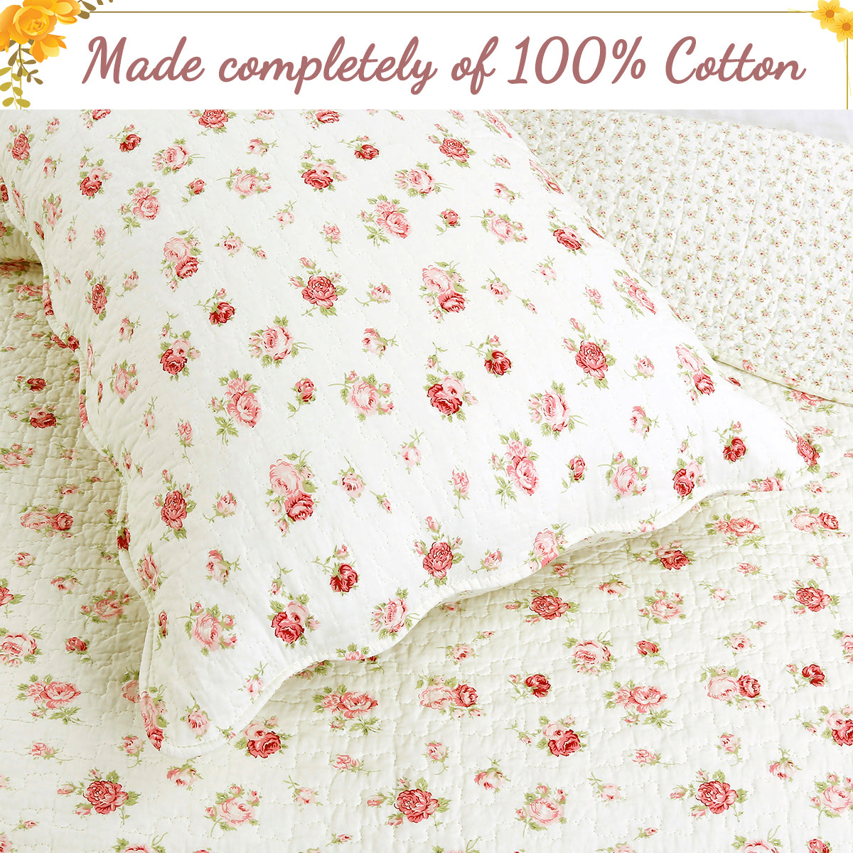 Pink Rose Garden Floral Cotton 3-piece Reversible Quilt Bedding Set
