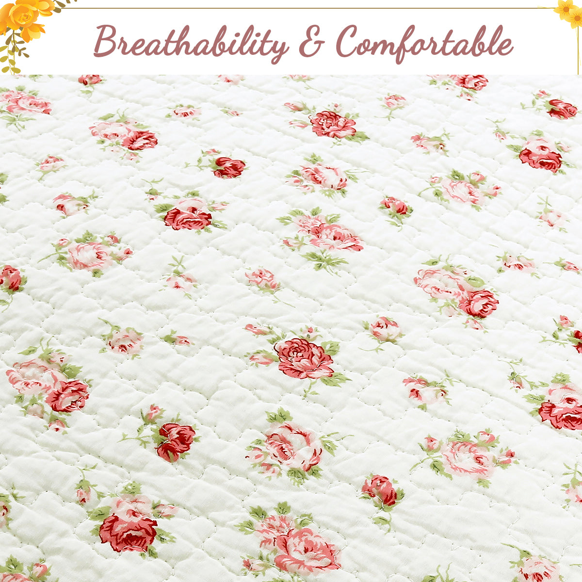 Pink Rose Garden Floral Cotton 3-piece Reversible Quilt Bedding Set