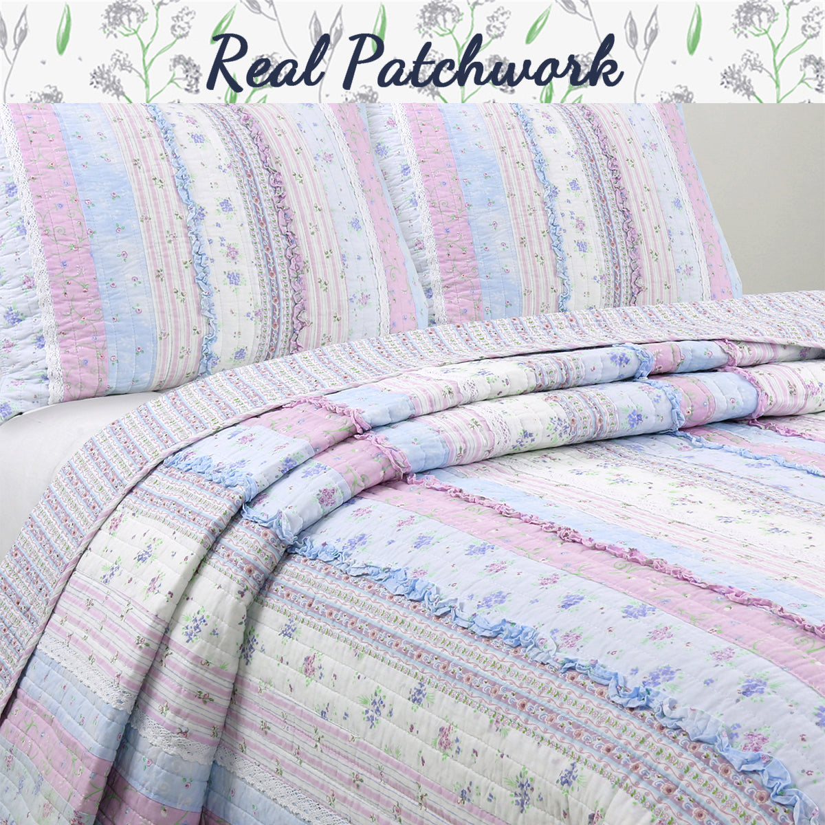Romantic Chic Lace Ruffle Lavender Purple Real Patchwork Cotton Reversible Quilt Bedding Set