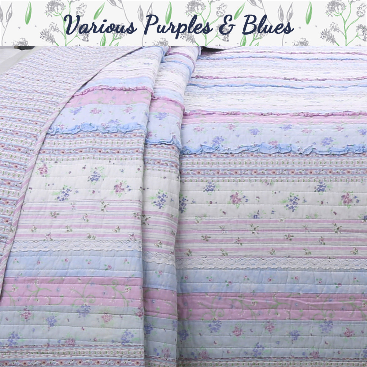 Romantic Chic Lace Ruffle Lavender Purple Real Patchwork Cotton Reversible Quilt Bedding Set