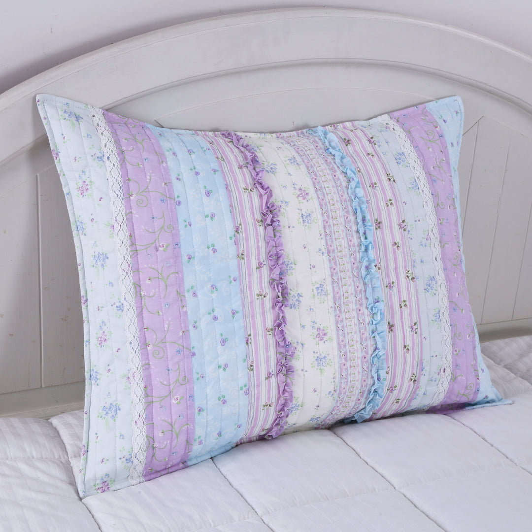 Romantic Chic Lace Ruffle Lavender Purple Real Patchwork Cotton Reversible Quilt Bedding Set