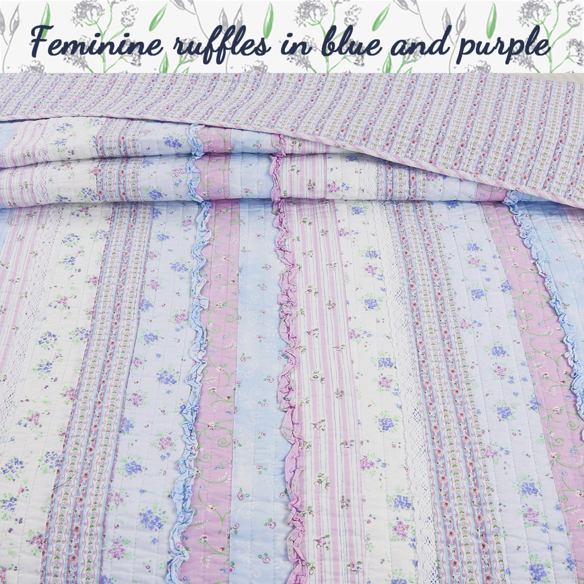 Romantic Chic Lace Ruffle Lavender Purple Real Patchwork Cotton Reversible Quilt Bedding Set