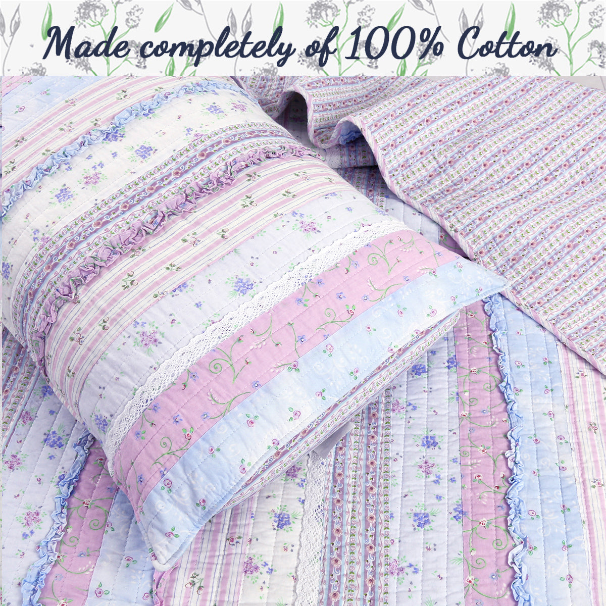 Romantic Chic Lace Ruffle Lavender Purple Real Patchwork Cotton Reversible Quilt Bedding Set