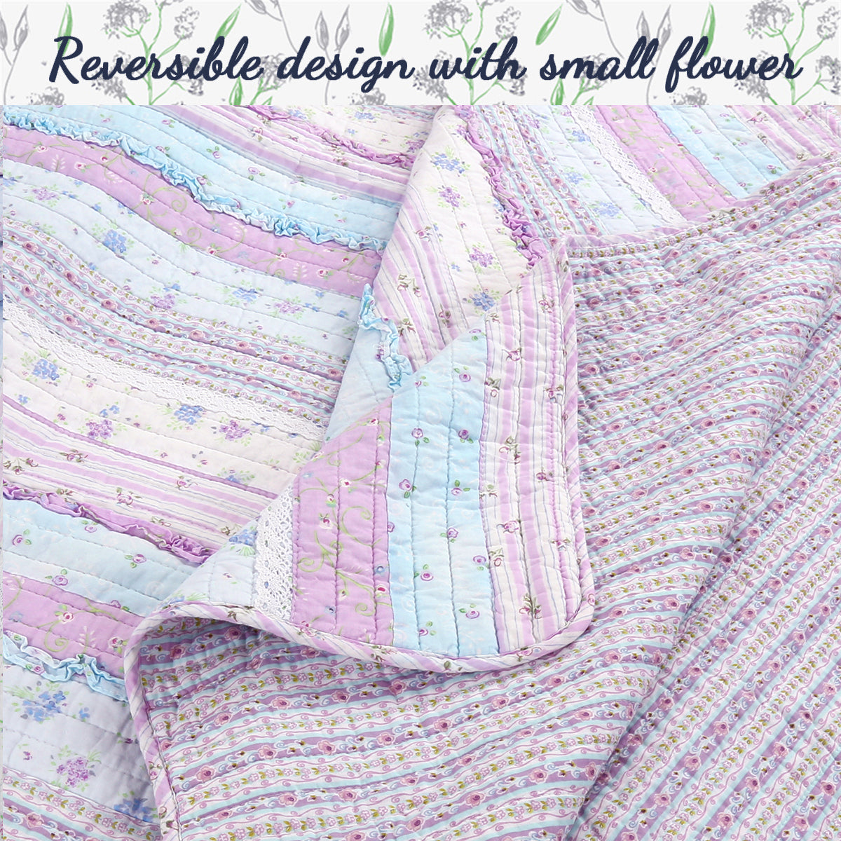Romantic Chic Lace Ruffle Lavender Purple Real Patchwork Cotton Reversible Quilt Bedding Set