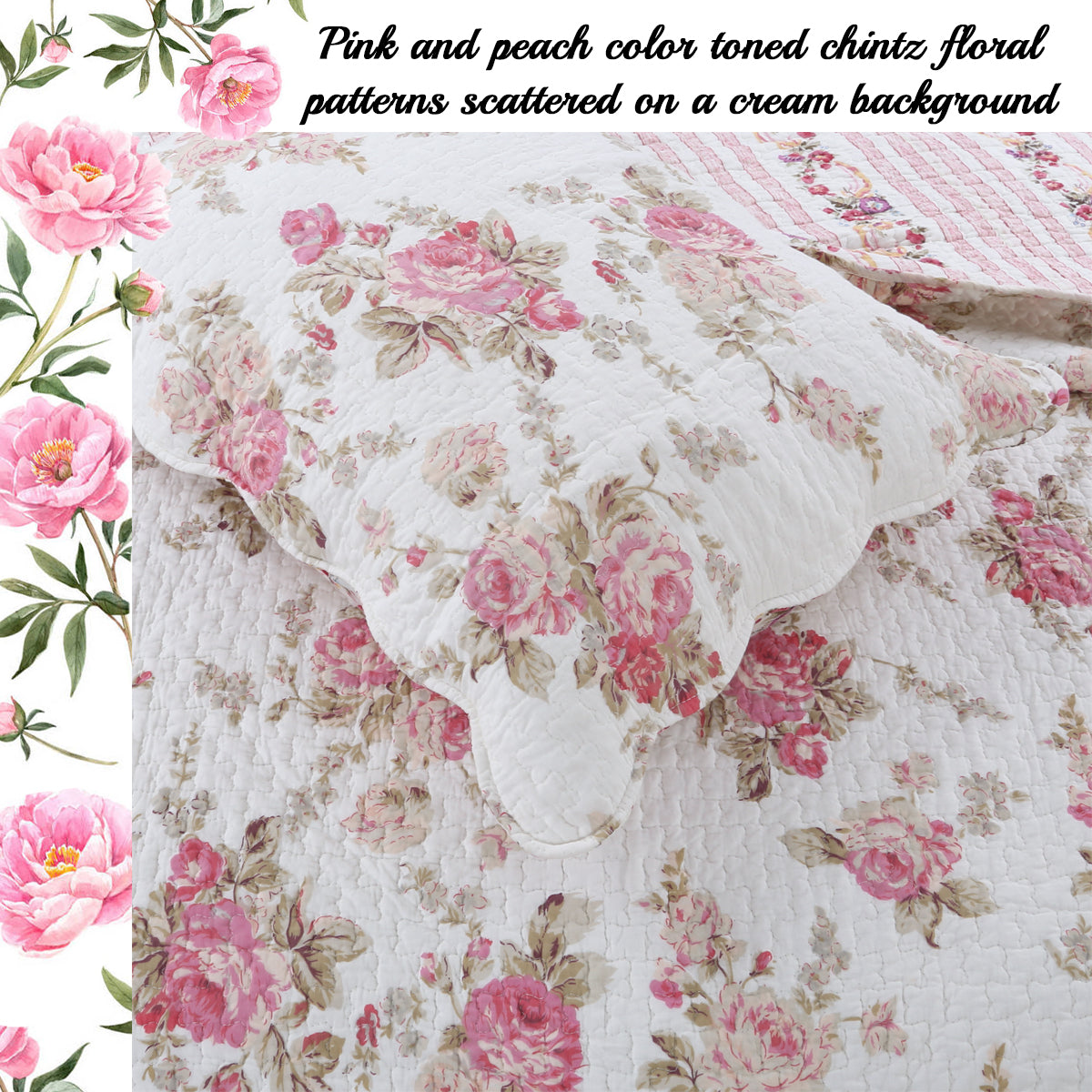 Spring Rose Floral Scalloped 3-Piece Cotton Reversible Quilt Bedding Set