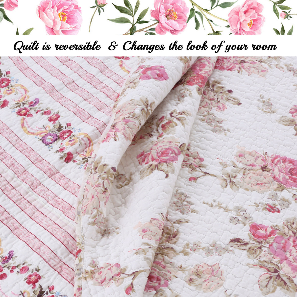 Spring Rose Floral Scalloped 3-Piece Cotton Reversible Quilt Bedding Set