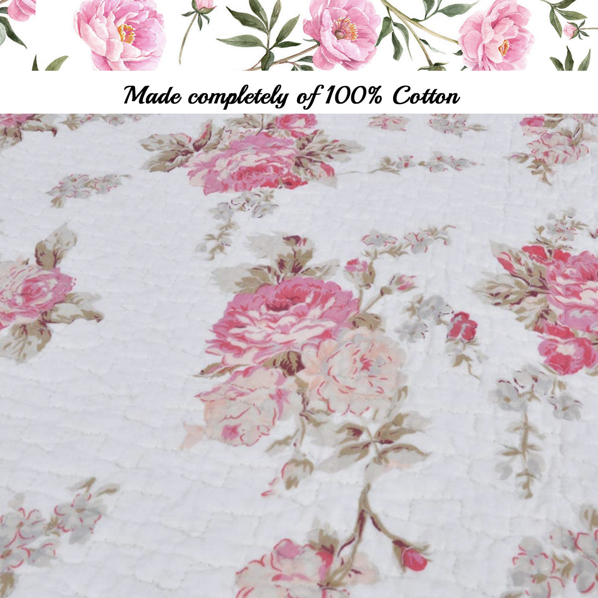 Spring Rose Floral Scalloped 3-Piece Cotton Reversible Quilt Bedding Set