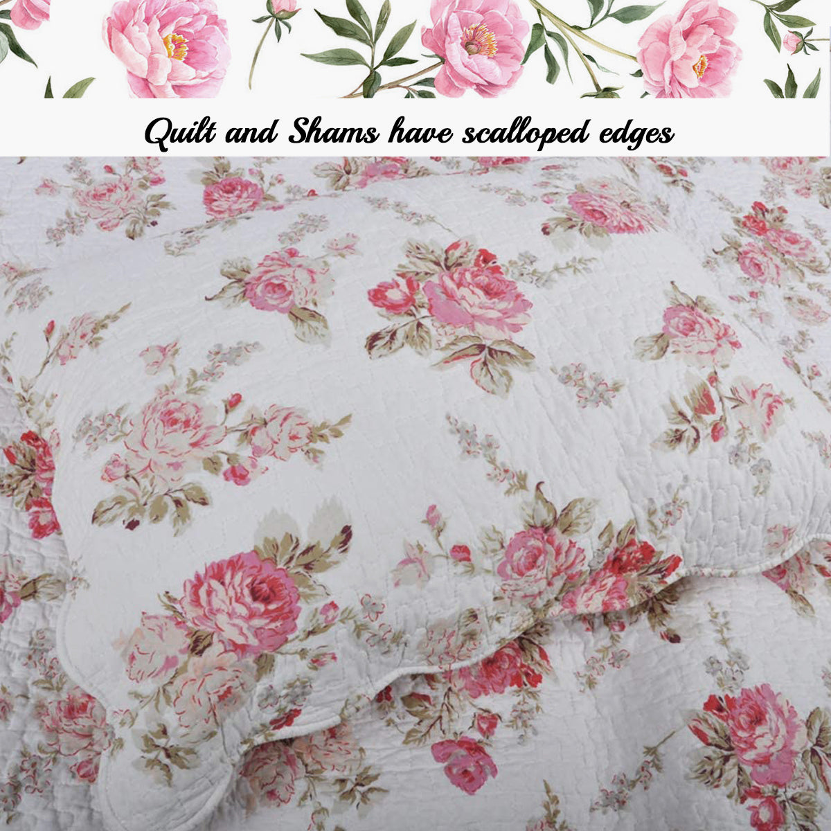 Spring Rose Floral Scalloped 3-Piece Cotton Reversible Quilt Bedding Set