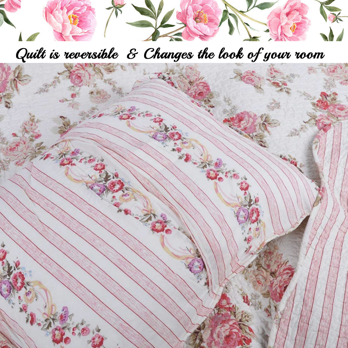 Spring Rose Floral Scalloped 3-Piece Cotton Reversible Quilt Bedding Set