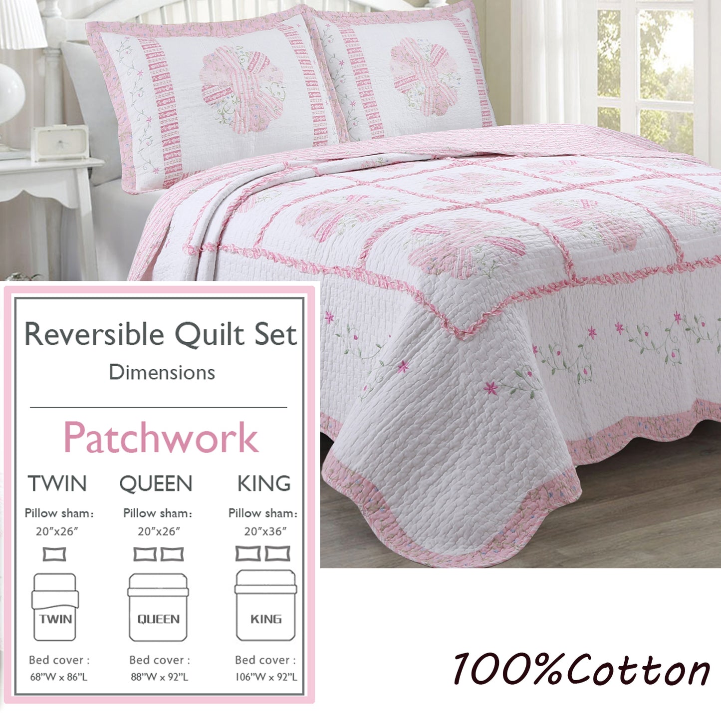 Daisy Field Floral Pink Ruffle Embroidery Garden Real Patchwork Cotton Reversible Quilt Bedding Set