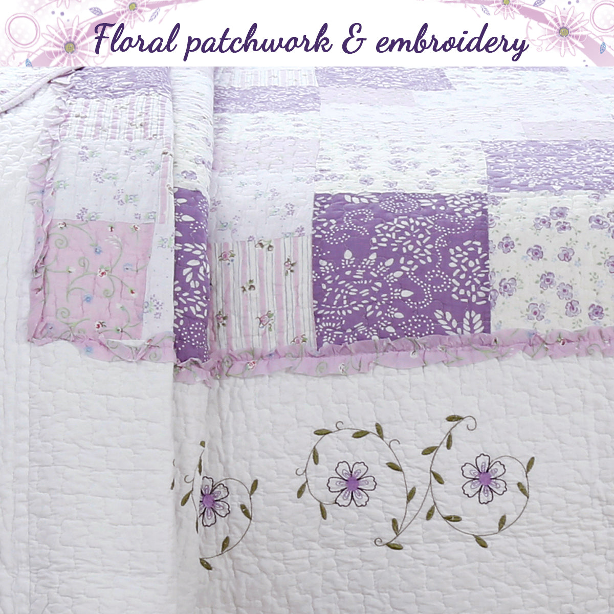 Love of Lilac Lavender Floral Real Patchwork Purple Scalloped Cotton 3-Piece Reversible Quilt Bedding Set