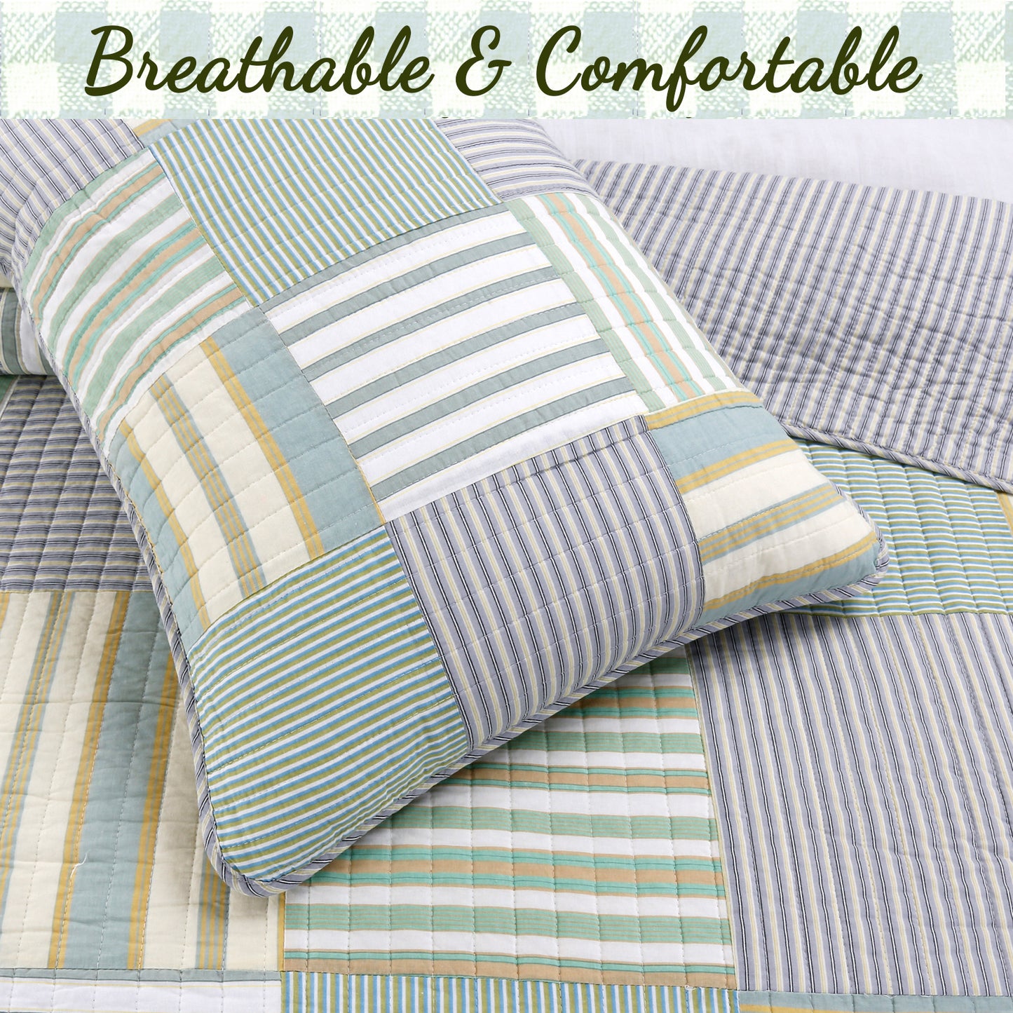 Spa Striped Real Patchwork Cotton Reversible Quilt Bedding Set