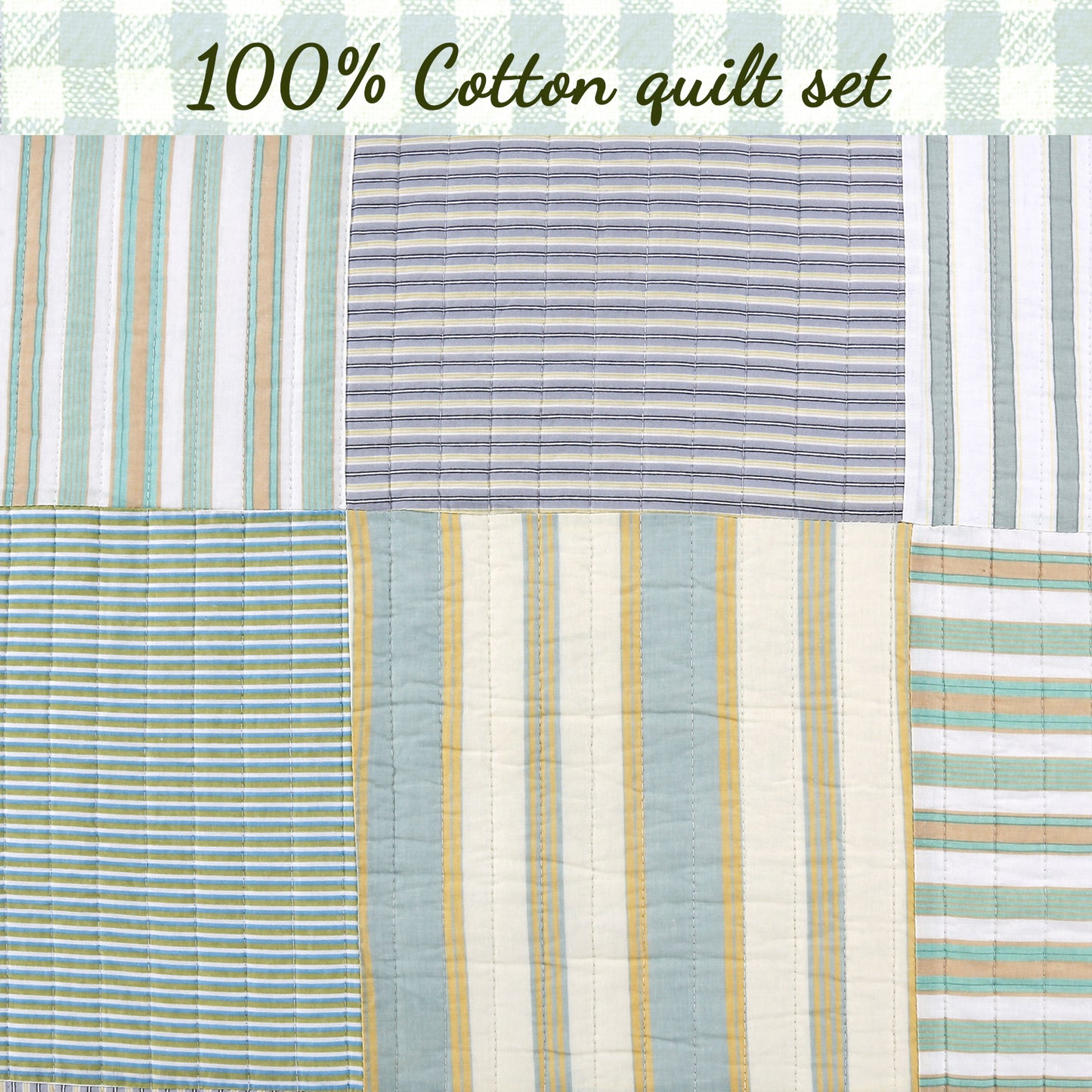 Spa Striped Real Patchwork Cotton Reversible Quilt Bedding Set