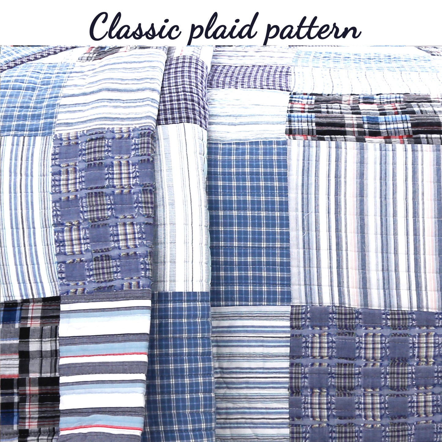 Daniel Stripe Plaid Blue Real Patchwork Cotton Reversible Quilt Bedding Set