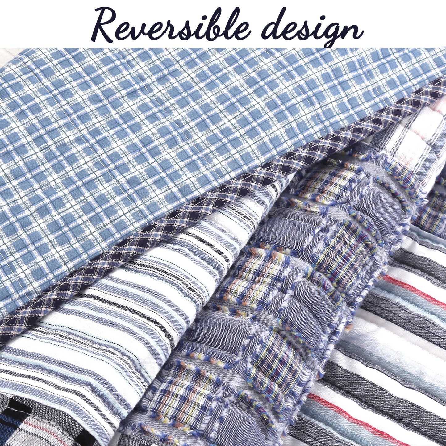 Daniel Stripe Plaid Blue Real Patchwork Cotton Reversible Quilt Bedding Set
