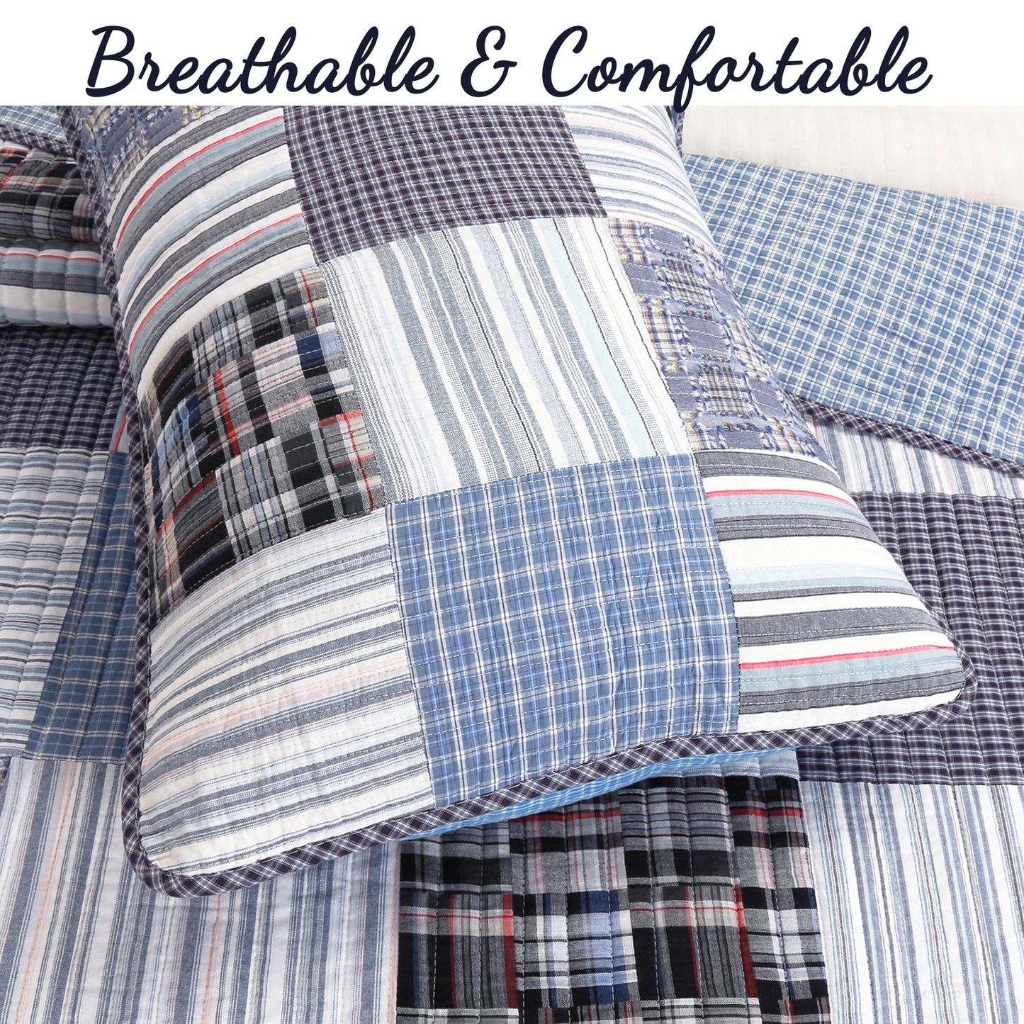 Daniel Stripe Plaid Blue Real Patchwork Cotton Reversible Quilt Bedding Set
