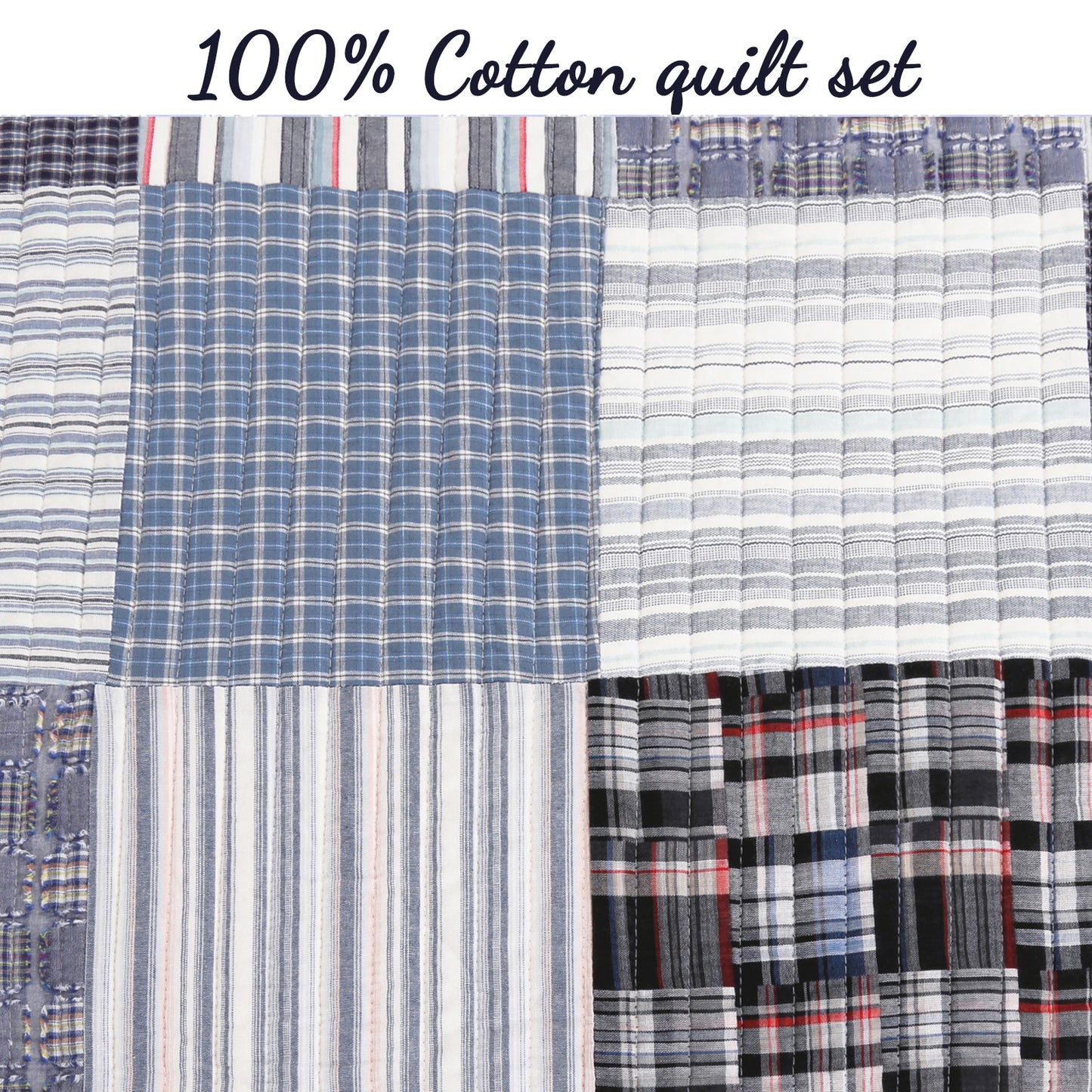 Daniel Stripe Plaid Blue Real Patchwork Cotton Reversible Quilt Bedding Set