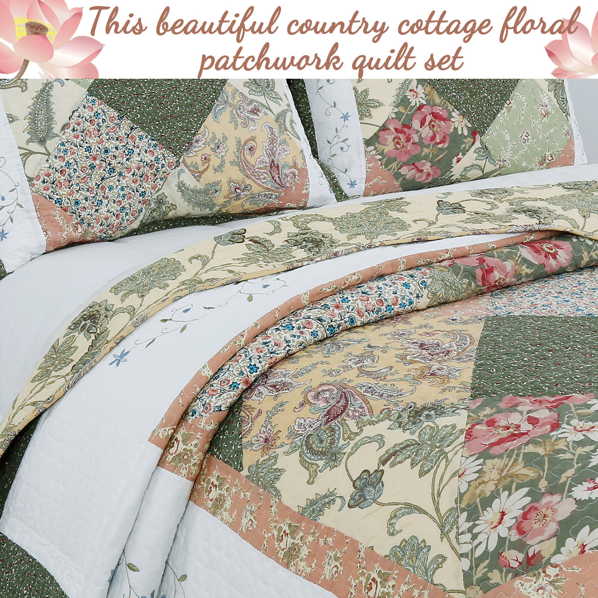 Grace Forest Green Real Patchwork Embroidered Scalloped Edge 3-Piece Cotton Reversible Quilt Bedding Set