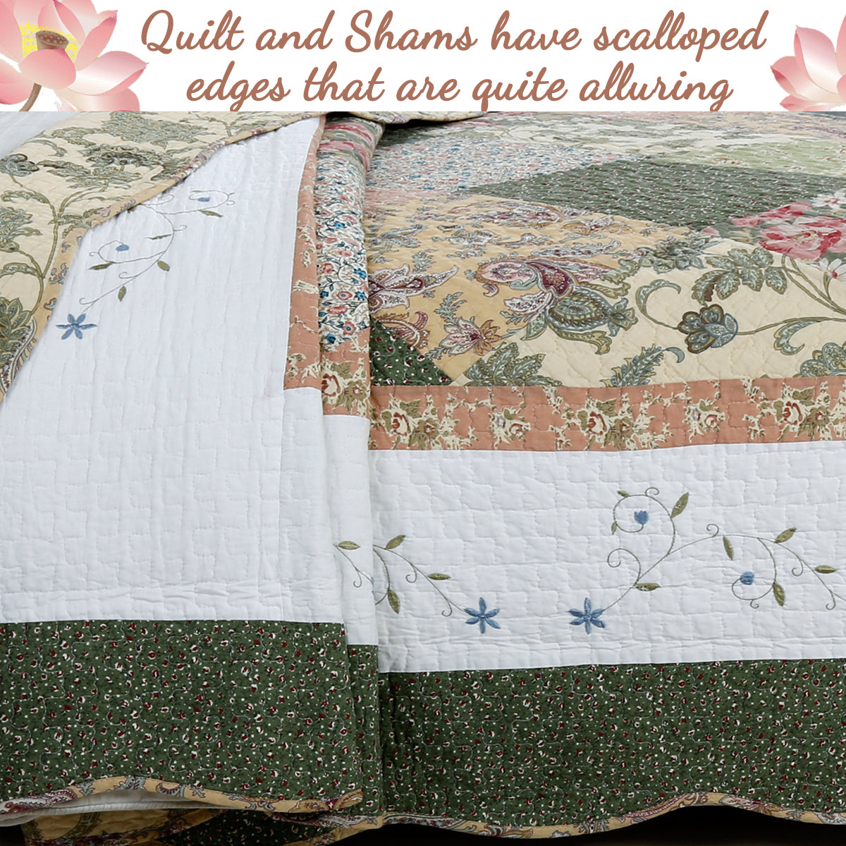 Grace Forest Green Real Patchwork Embroidered Scalloped Edge 3-Piece Cotton Reversible Quilt Bedding Set