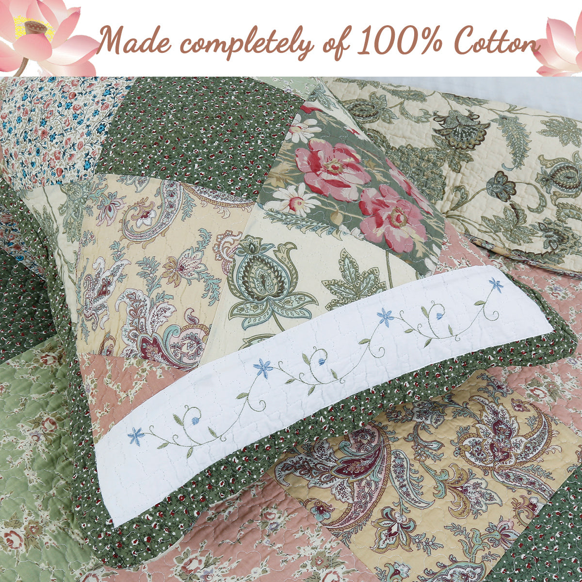Grace Forest Green Real Patchwork Embroidered Scalloped Edge 3-Piece Cotton Reversible Quilt Bedding Set