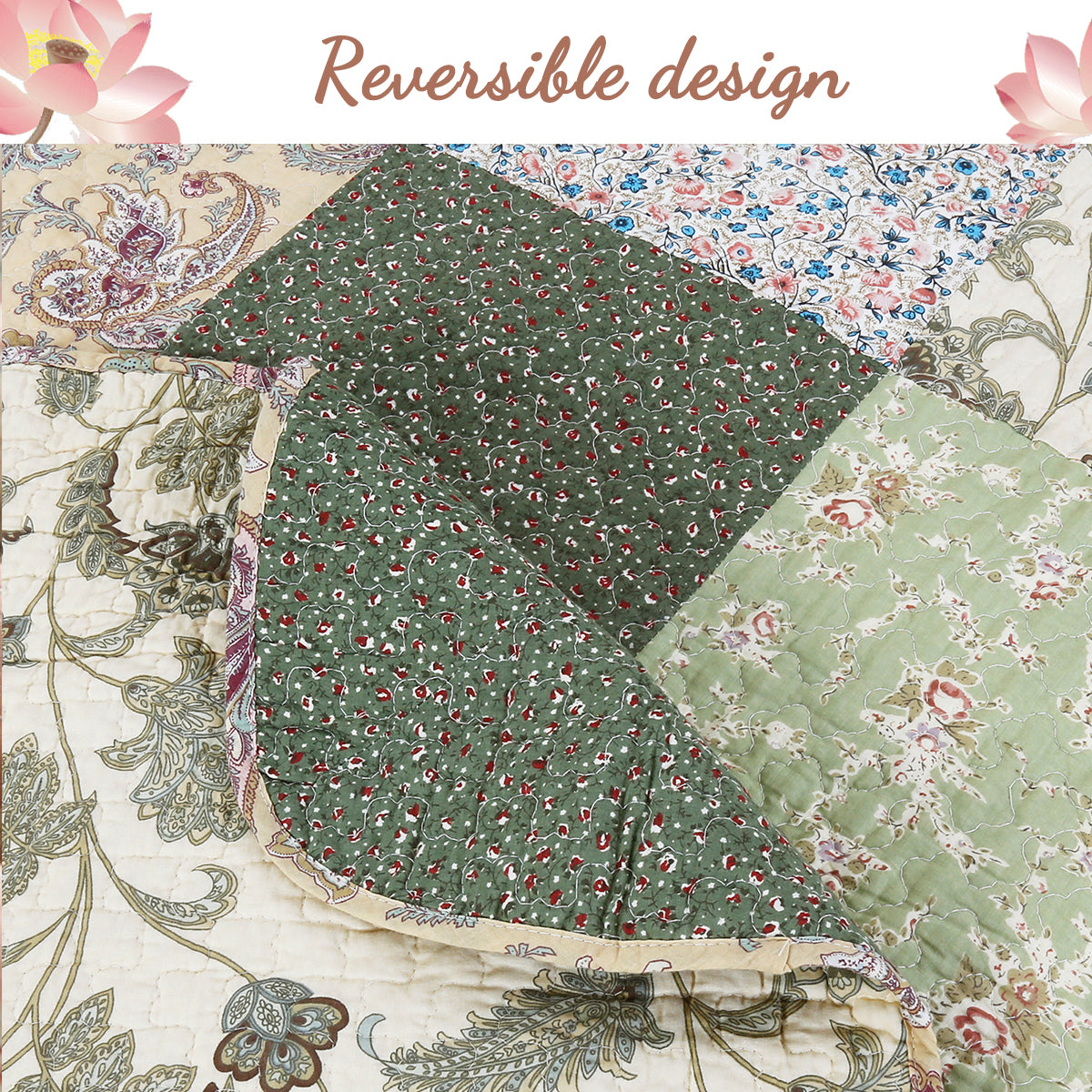 Grace Forest Green Real Patchwork Embroidered Scalloped Edge 3-Piece Cotton Reversible Quilt Bedding Set