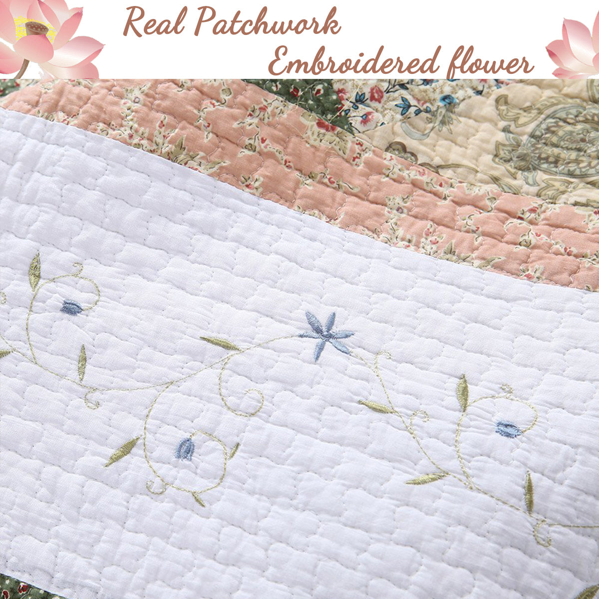 Grace Forest Green Real Patchwork Embroidered Scalloped Edge 3-Piece Cotton Reversible Quilt Bedding Set