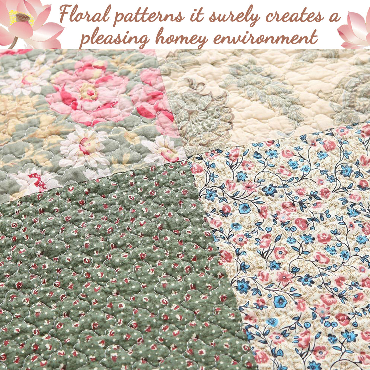 Grace Forest Green Real Patchwork Embroidered Scalloped Edge 3-Piece Cotton Reversible Quilt Bedding Set