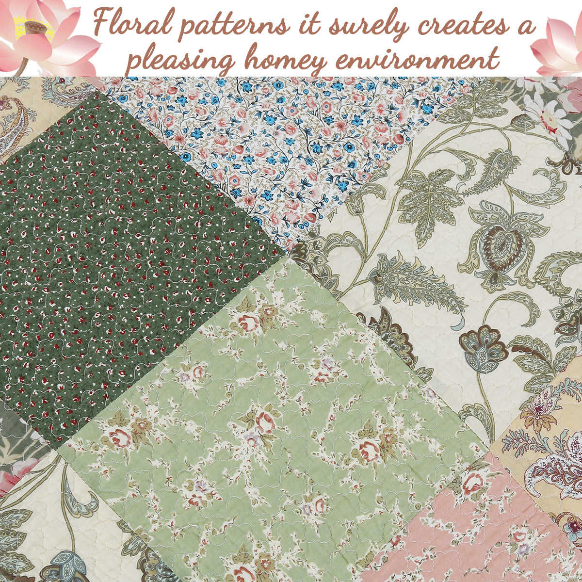 Grace Forest Green Real Patchwork Embroidered Scalloped Edge 3-Piece Cotton Reversible Quilt Bedding Set