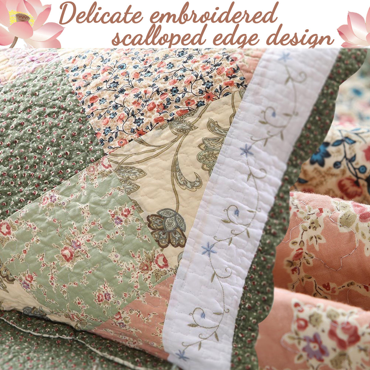 Grace Forest Green Real Patchwork Embroidered Scalloped Edge 3-Piece Cotton Reversible Quilt Bedding Set