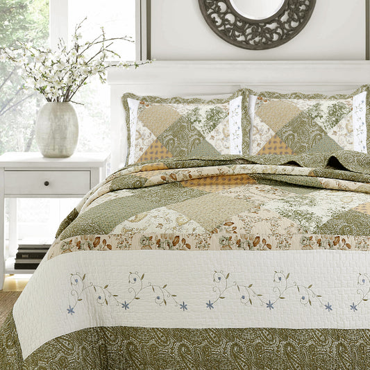 Grace Sage Green Real Patchwork Embroidered Scalloped Edge Cotton Reversible Quilt Bedding Set